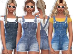 three different views of the same woman in overalls and sun glasses, both with blonde hair