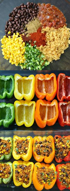 peppers, beans and other foods are arranged in different sections to make a colorful display