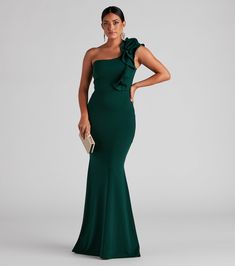 A stunning look for all your events including weddings, bridal showers, bridesmaids, bachelorette parties, and engagement shoots. Discover beautifully unique dresses and gowns for Prom 2023 including chiffon, glitter, sequin, satin, metallic, lace styles, and more. Accessorize with stiletto or block heels, purses and totes, necklaces and earrings, and shapewear. Special Occasion Bring elegance in our charming Diana formal dress! She stuns with her captivating one-shoulder neckline adorned with a Emerald Green Formal Dress Off Shoulder, One Sleeve Emerald Green Dress, Emerald Green Off Shoulder Bridesmaid Dresses, One Shoulder Green Dress Evening Gowns, Kelly Green One Shoulder Dress, Green One Shoulder Dress Jewelry, Dark Green Bridesmaid Dresses One Shoulder, Emerald Green Dress Accessories Formal, Emerald Green Bridesmaid Dresses One Shoulder