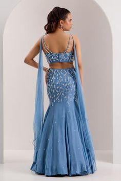 Blue can can attached mermaid lehenga embellished by crystal and bead floral vine motifs. Comes with bead-crystal embellished padded blouse and attached shoulder drapes. - Aza Fashions Floral Vine, Aza Fashion, Lehenga, Crystal Beads, Vines, Blouses For Women, Mermaid, Crystals, Floral