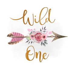 the words wild one are painted on top of an arrow with pink flowers and leaves