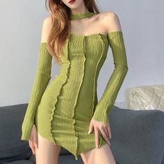 Y2k Aesthetic Halter Dress Green Solid Color Long Sleeve Ruched Bodycon Dresses Women Off Shoulder Party Clothes Halter Long Sleeve, Green Solid Color, Party Clothes, Ribbed Mini Dress, High Waist Dress, Dress Stores Online, Ruched Bodycon Dress, Bodycon Dresses, Dresses Women