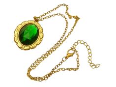 Elegant, unique necklace for many occasions. The necklace pendant consists of a gold-plated metal setting and a faceted glass gemstone in emerald green. The necklace pendant measures 4 L x 2.7 W cm. The chain is antique gold (partially blackened) and has a length of 45 cm (extendable to 50 cm). Gold Emerald Jewelry With Jewels, Gold Emerald Jewelry For Parties, Green Jewels Necklace For May Birthstone, Green Emerald Necklace With Jewels As A Gift, Green Locket Necklace With Round Pendant, Formal Green Locket Jewelry, Formal Green Locket Necklace, Green Pendant Necklace For Formal Occasions, Formal Green Pendant Necklace