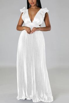 Deep V-neck Backless Lace-up Maxi Dress - S / White White Pleated V-neck Maxi Dress, White V-neck Pleated Maxi Dress, White V-neck Stretch Maxi Dress, White Stretch V-neck Maxi Dress, Party V-neck Maxi Dress, White Maxi V-neck Party Dress, Stretch V-neck Maxi Dress, Stretch Pleated Maxi Dress For Date Night, White V-neck Maxi Dress For Party