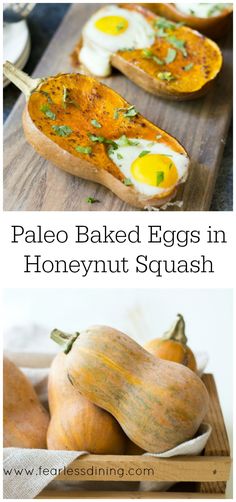 baked eggs in honeynut squash on a wooden cutting board with text overlay that reads paleo baked eggs in honeynut squash