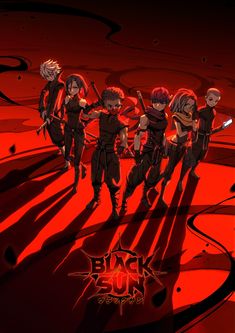 an anime movie poster with five people in black and red outfits on a red background