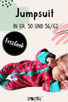 a baby is sleeping on its back with the caption jump suit in gr 50 und 56 / 64