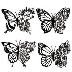 four butterflies with flowers on their wings