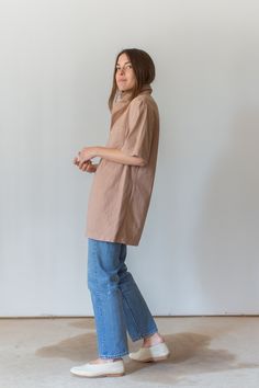 "This vintage workwear shirt has four white buttons, short sleeves and one left rounded pocket. Dusty Pink. Made in the 50s/60s. Garment Dyed in Los Angeles in 2020. Material: 100% Cotton 7 oz Condition: Good. Measurements-- -SMALL- Shoulders: 16.5\" | Chest: 19\" | Length: 28\" | Sleeve: 10.5\" -MEDIUM- Shoulders: 17\" | Chest: 21\" | Length: 30\" | Sleeve: 11\" -LARGE- Shoulders: 18\" | Chest: 23\" | Length: 30\" | Sleeve: 11\" -X-LARGE- Shoulders: 20\" | Chest: 25\" | Length: 30\" | Sleeve: 1 Vintage Ballet, Ballet Pink, Vintage Button, Work Shirts, Dusty Pink, Piece Of Clothing, Vintage Pink, Button Up Shirts, Button Up