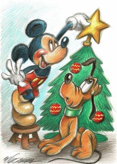 a drawing of mickey mouse and his christmas tree