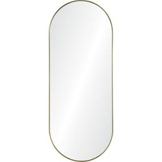 an oval shaped mirror with gold trimmings on the edges and a white background