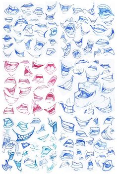 a drawing of different types of teeth and mouths in blue, red, and white