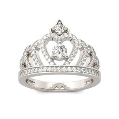 a white gold and diamond ring with a heart shaped crown on the front, surrounded by smaller diamonds