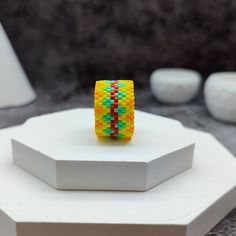 Yellow Turquoise Seed Bead Ring Bright Boho Style Beaded Jewelry Wide Wooven Delica Ring Bold and Unique Accessory - Etsy Unique Handmade Yellow Rings, Seed Bead Ring, Bright Boho, Beaded Ring, Yellow Turquoise, Beaded Rings, Summer Jewelry, Wide Bands, Boho Rings