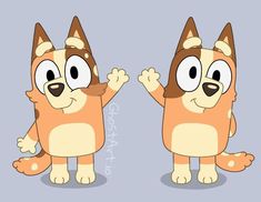 two cartoon dogs standing next to each other with their hands up and eyes wide open