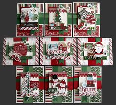 several christmas cards with santa clause and snowman on them, all decorated in red green and white