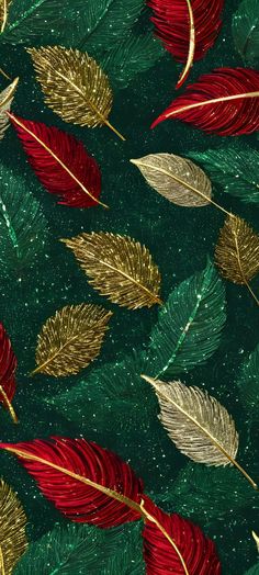 red, green and gold leaves are on a dark green background with glittery flecks