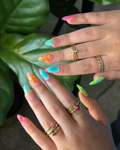 cruise ready 🌺🐬☀️ inspo: tiktok @shopagaloreco products used: *bonding base *rose glow base *aquamarine, plastic pink, olympic, tuscan sun, electric orange, cyan, ultra violet, ufo green *bling gel *diamond steel top coat use code ‘ALEXIA10’ at checkout 🤎 #nails #nailinspo #gelx #gelxinspo #summernails #summernails2024 #gelxnails #gelxnailtech #cltnails #cltnailtech #cruisenails #vacaynails Tropical Beach Nails, Fun Acrylic Nails, Aquamarine Nails, Cruise Nails, Gucci Nails, Electric Orange, Almond Acrylic Nails, Vacation Nails