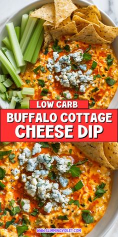 buffalo cottage cheese dip in a bowl with celery and tortilla chips