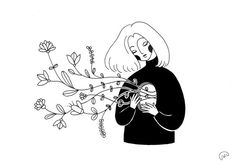 a drawing of a woman holding a cat in her hands and flowers coming out of it