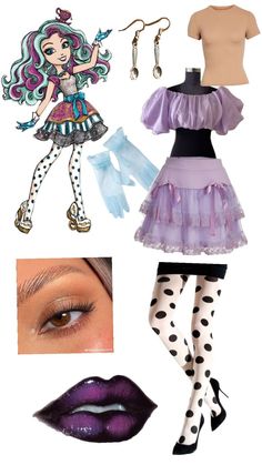 an assortment of clothing and accessories including a doll, lipstick, eyeliners, gloves and earrings