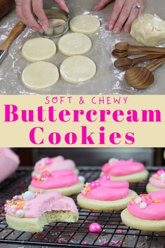 soft and chewy buttercream cookies with pink icing