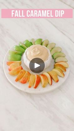 the video is showing how to make an easy fall caramel dip with apples and cinnamon