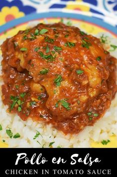 chicken in tomato sauce over rice on a colorful plate with the words pollo en salsa