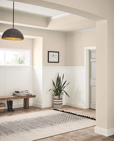 a living room with white walls and wood flooring is pictured in this image, there are plants on the far side of the wall