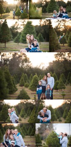 the family is posing for pictures in front of some trees