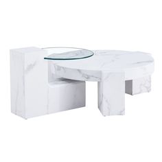 a white marble coffee table with a glass top