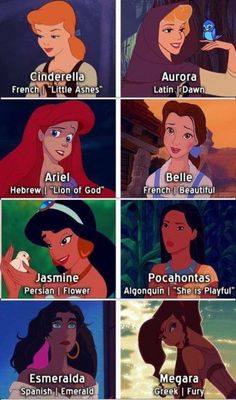 disney princesses from the little mermaid movie with their names in english and spanish, which are