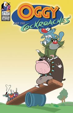 oggy and the cockroaches movie poster with cartoon characters riding on top of each other