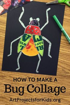 a bug collage made out of black paper and colored crayons with the words how to make a bug collage on it