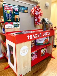 Trader Joe's Play Grocery Store Melissa And Doug Grocery Store Makeover Target, Diy Cardboard Store For Kids, Toy Grocery Store, Kids Grocery Store Makeover, Play Grocery Store Diy, Melissa And Doug Grocery Store Makeover, Diy Play Grocery Store