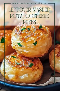 several baked potato cheese puffs stacked on top of each other with the words leftover mashed potato cheese puffs