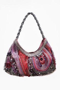 Maroon agate bag with all over abstract crystal, beads embellishments in vivid shades and twisted, embellished handle. - Aza Fashions Embellished Bags, Maroon Leather, Red Crystals, Aza Fashion, Crystal Beads, Embellishments, Agate, Flash, Bag Accessories