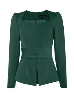 Elevate your capsule collection with this stylish dark green two-piece set.  The sweetheart neckline blouse is fully lined with silky satin fabric and has an invisible zip at the back. It features an optional detachable belt with a double button fastening that gives you extra freedom in choosing how to style the design.  Simply feminine and highly versatile, the pencil midi skirt is crafted from the same luxurious stretch crêpe fabric in a figure-hugging silhouette. It is high-waisted and fully Sweetheart Neckline Blouse, Sweetheart Blouse, Hugging Silhouette, Red Fits, Fitted Blouses, Midi Skirt Pencil, Stretch Crepe, Invisible Zip, Polyester Satin