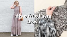 a woman in a dress standing next to a white brick wall with the words diy ruffle hem dress