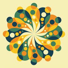 an abstract circular design in yellow, green and orange colors on a cream background with dots