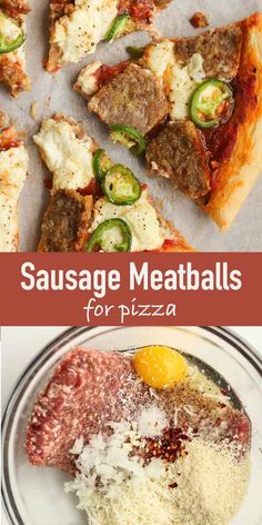 sausage meatballs for pizza with cheese, sauce and vegetables on the side are shown