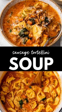 two bowls of soup with tortelli shells and spinach in tomato sauce, one is