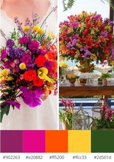 the color scheme for this wedding is bright and vibrant, with flowers in vases