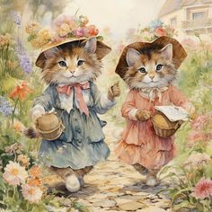 two cats walking down a path with flowers on the ground and one cat wearing a hat