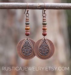 Colorful boho copper earrings Bohemian Brass Earrings In Rust Color, Bohemian Rust Brass Earrings, Handmade Vintage Rust Earrings, Handmade Rust Vintage Earrings, Handmade Vintage Rust-colored Earrings, Bohemian Jasper Dangle Jewelry, Bohemian Brown Pierced Earrings, Bohemian Nickel-free Rust Earrings, Bohemian Rust-colored Nickel-free Earrings