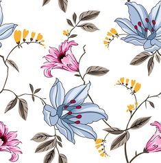 a floral pattern with blue, pink and yellow flowers