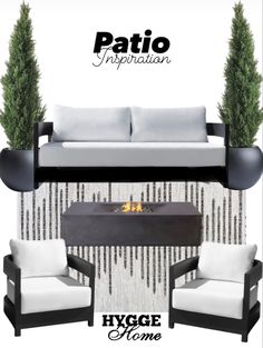 an advertisement for patio inspiration featuring two chairs and a fire pit with plants in it