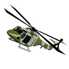 a green and white helicopter flying in the sky with two blades on it's wings