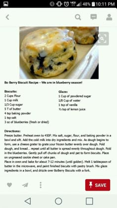 the recipe for blueberry biscuits on pinter's page is shown in red and white