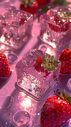 some strawberries and ice cubes are sitting on a table with lights in the background